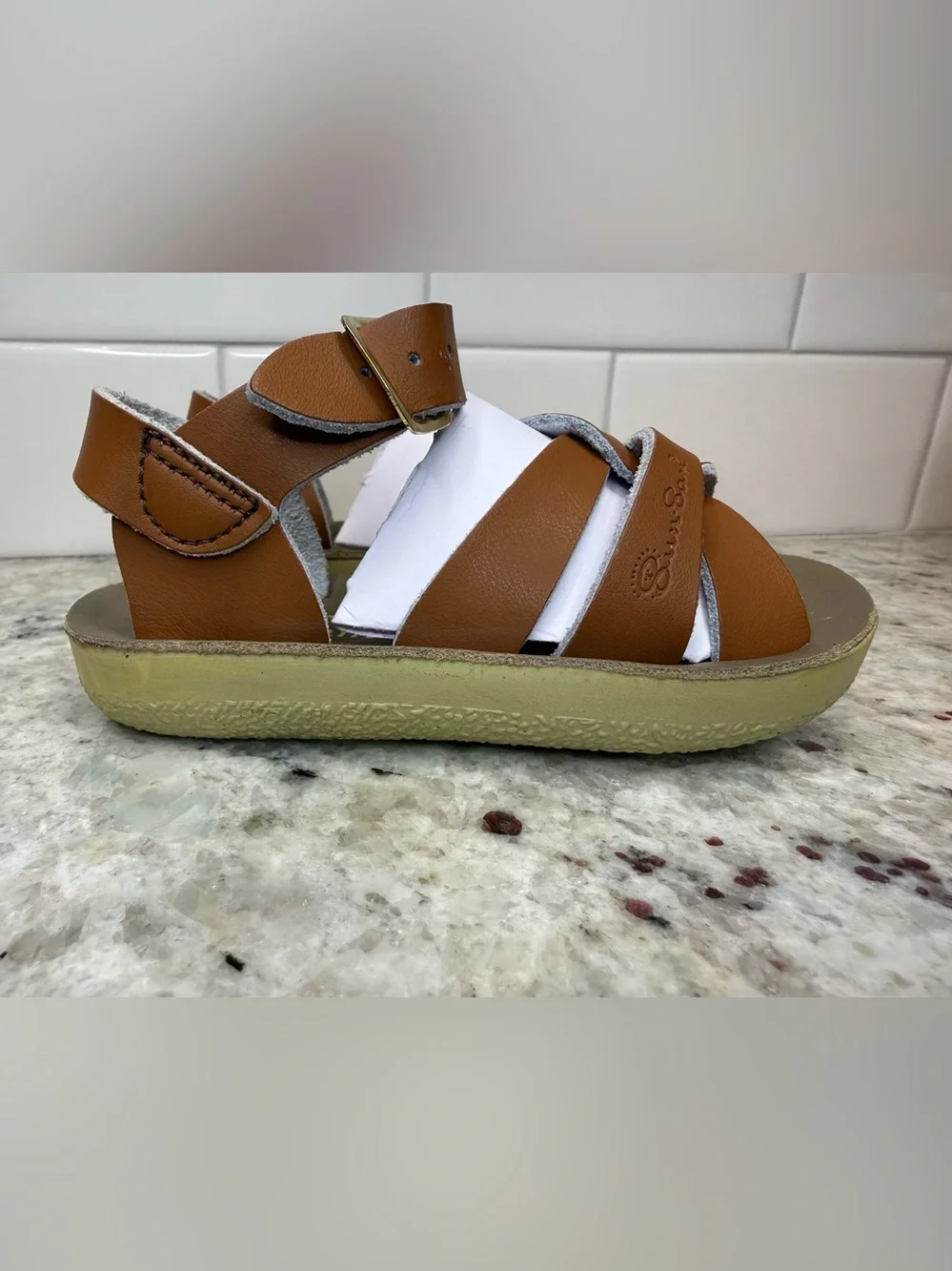 Salt Water Brown Genuine Leather Strap Sandals with Gold Buckle Size 6 NIB